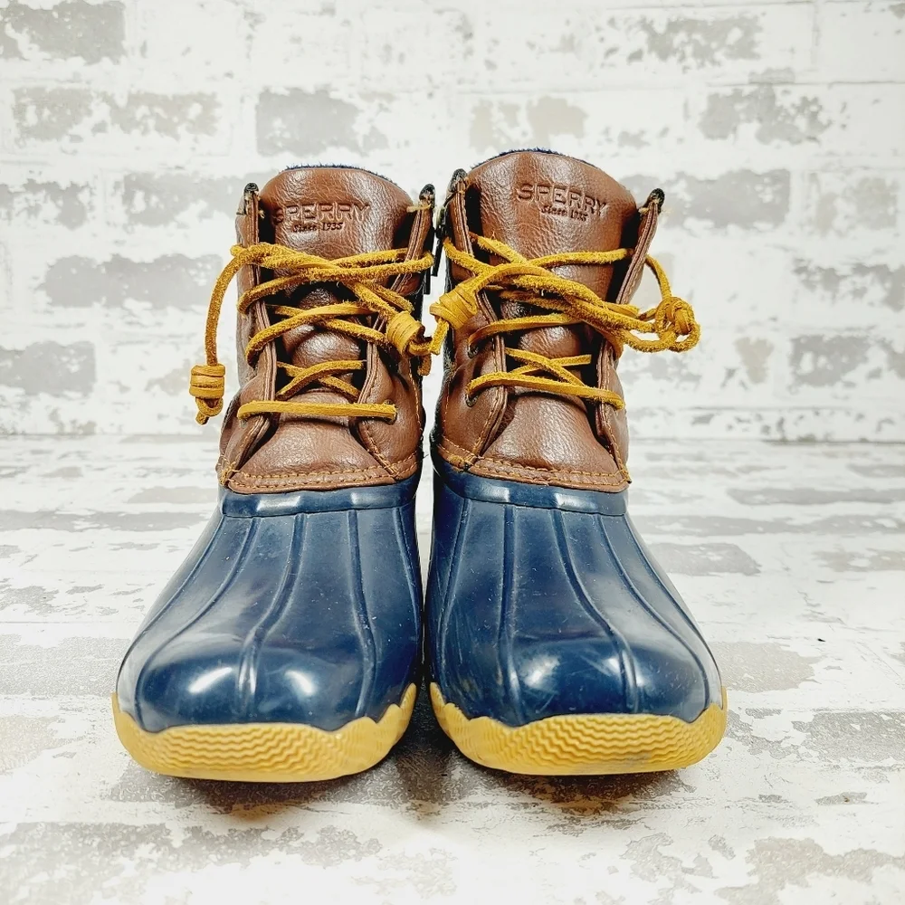 Sperry Saltwater Duck Rain Blue Brown Leather Lace Up Zipper Ankle Boots K338